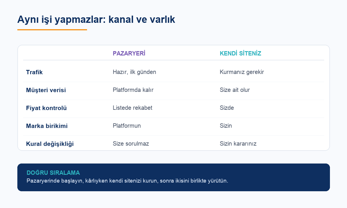 Pazaryeri ile kendi e-ticaret sitenizin trafik, müşteri verisi, fiyat kontrolü, marka birikimi ve kural değişikliği açısından karşılaştırması