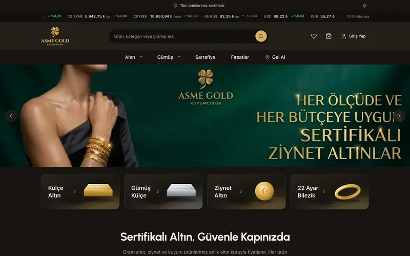 Asme Gold Kuyumculuk e-ticaret sitesi anasayfası — DMT Dijital projesi